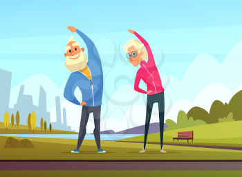 Elderly couples make some sport exercises in the public garden. Senior sport grandfather and grandmother in park illustration