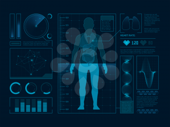 Futuristic medical symbols of scan for web interface. Visualization of digital human verify. Vector Hud ui data infographic illustration