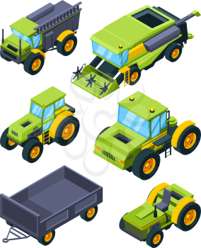 Isometric illustrations of combine, tractor and other various agriculture machines. Equipment vehicle machinery for farming vector