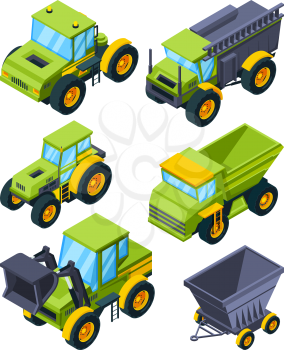 Farm or village various transport. Isometric pictures set of agriculture machines. Farming harvester and combine, tractor rural. Vector illustration