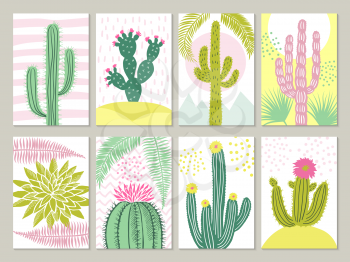 Cards template with pictures of cactuses. Vector cactus with flower in retro colored, tropical plant illustration