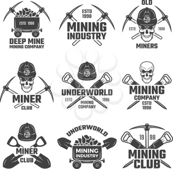 Industrial gold and various mineral mining. Black labels vector set. Mine mineral emblem, underworld club, company mining extraction illustration
