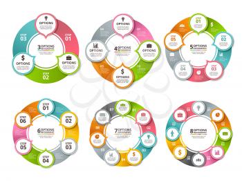 Various radial shapes and circles for business infographic. Progress process step circular, ring diagram model, vector illustration