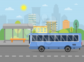 Urban landscape with illustration of public bus station. Passenger city transport, traffic street vector