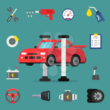 Various details for car service. Vector flat illustrations. Vehicle service, auto repair, automobile maintenance