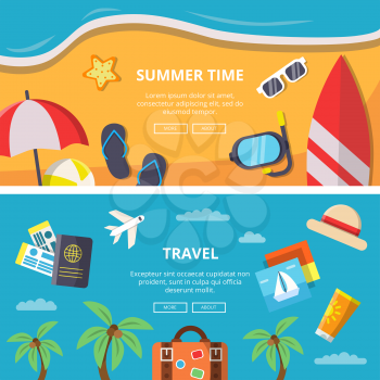 Horizontal banners with summer time pictures and travel symbols. Vector holiday banner, trip and journey, voyage tour illustration