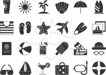 Summer time black symbols. Vector icon set isolate. Travel and vacation, sun and beach, suitcase and plane black silhouette illustration