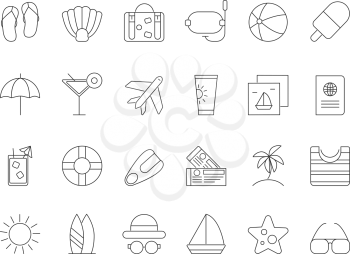 Mono line pictures of summer time theme. Vector icons set of tourism and travel, luggage and ice cream, airplane and passport illustration