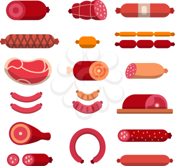 Beef, mariscos, marbled meat and other different illustrations for butcher shop. Vector pictures isolate. Meat and beef, food butcher pork, ham and fresh steak illustration