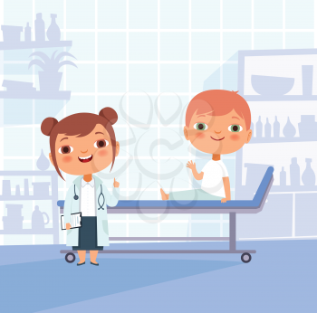 Patient at doctor appointment. Vector funny characters in hospital, medicine and clinic, patient character child boy illustration