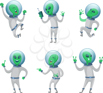 Funny aliens standing in various poses. Vector humanoids. illustration of green martian mascot, funny character creature