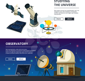 Astronomy. Vector banners set of science theme. Illustration of telescope and observatory, satellite and exploration, spacecraft illustration
