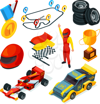 Sport racing symbols. Isometric pictures of racing cars and formula 1 symbols. Vector sport speed race competition illustration