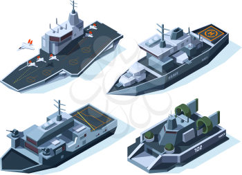 Military boats isometric. Vector american navy. Military boat, ship, war transport and warship illustration