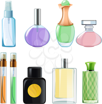 Woman perfumes. Glass bottles of perfume. Vector aroma container, beauty spray illustration collection