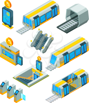 Subway metro elements. Entrance electric gates and signs train tunnel with escalator modern subway station isometric vector 3d pictures. Train metro, subway transport, urban traffic illustration