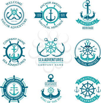 Marine logo. Nautical vector emblem with ship anchors and steering wheels. Cruise boat sailor monochrome symbols for badges. Illustration of nautical ship emblem, anchor marine logo