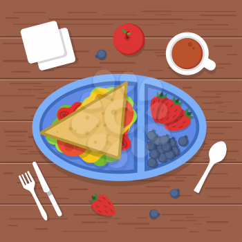 Lunch box on table. Place to eat food container sandwiches sliced fresh healthy fruits vegetables for dinner breakfast. Vector pictures lunch food, meal in container, dinner illustration