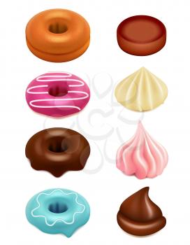 Donuts and cupcakes 3d. Cook muffin with glazed sweet for cafe confiteria, donut and biscuit creation kit. Vector eating constructor. Illustration of cupcake food, sweet donut and cake