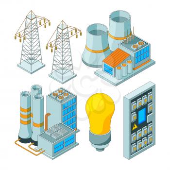 Energy electric system. Power lighting generators saving electrical light tools vector isometric illustrations. Energy power plant, station isometric