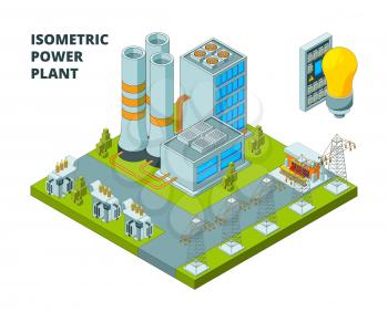 Electric power factory. Industrial electricity plant or station energy buildings vector 3d isometric pictures. Illustration of power energy electricity plant