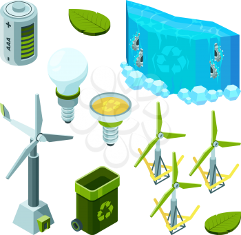 Green saving energy. Hydro power turbines ecosystem waste technology vector isometric illustrations. Energy power hydro, water electric industry