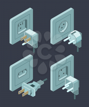 Electrical supplies type. Electric switch breaker home insulation energy plugs vector isometric pictures. Illustration of socket plug, connection electrical