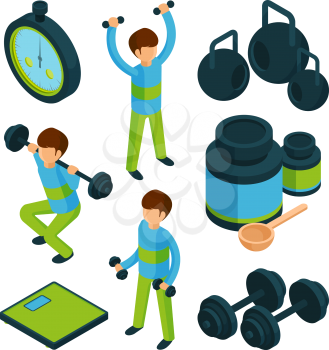 Sport exercise isometric. Equipment for sporting activity peoples healthy vector 3d collection. Activity exercise training for health illustration