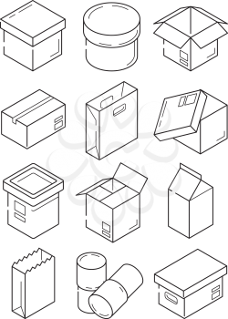 Box outline symbols. Paper wooden or carton export packages vector isometric line icons isolated. Illustration box and package outline, delivery packaging container