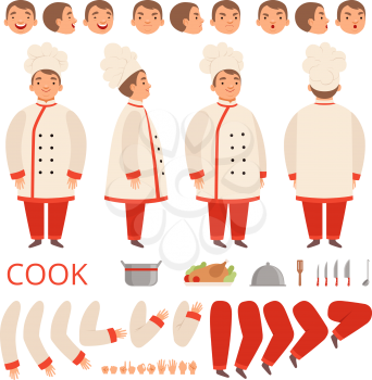 Cook animation. Chef characters body parts hands arms head and clothes with kitchen tools vector kit creation. Chef character professional constructor face, leg and hand illustration