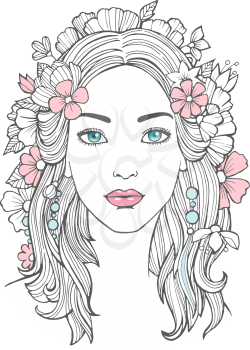 Beautiful woman portrait. Mysterious drawing beauty young female with flowers in hair vector art. Face woman portrait, girl young drawing illustration