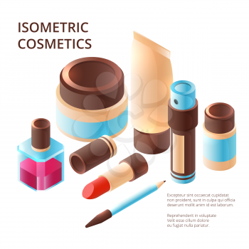 Makeup collection isometric. Professional beauty colorful items shadow for eyes plastic palette skin gloss vector 3d pictures. Makeup isometric, beauty lipstick and care illustration
