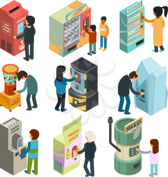 Vending machine isometric. Snack sandwich ice cream coffee water automatic shop people buying fast food and drinks vector 3d pictures. Illustration of vending machine isometric, coffee and food