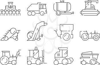 Farm vehicles. Tractor harvester buldozer village heavy machinery construction agriculture vector icons. Illustration of bulldozer and harvesting lorry, haymaking machine