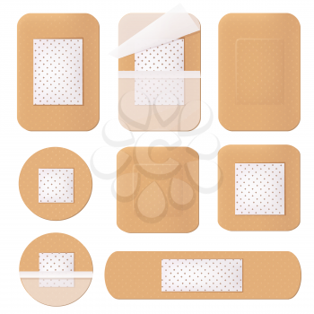 Medical plaster. Helthcare bandage tape path plastering various shapes and forms vector picture isolated. Illustration of plaster tape, bandage emergency