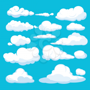 Cartoon clouds. Blue sky aerial cloudscape blue clouds different forms and shapes vector illustrations. White cloud fluffy in air sky, different cloudscape soar