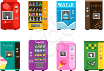 Vending machines. Automatic selling foods snacks and drinks coffee ice cream and popcorn vector flat illustrations. Vending automatic with snack food and water