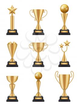 Golden cup realistic. 3d sport competition winning trophies medals vector illustrations isolated. Cup and prize, sport award and reward