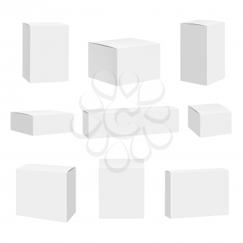 Blank white box. Packages container quadrate boxes detailed realistic vector mockup. Package mockup, box and container illustration