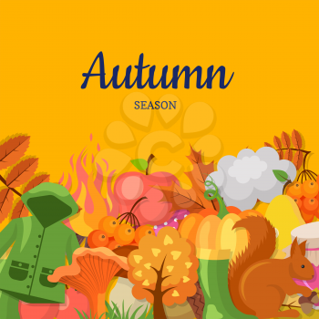 Vector cartoon autumn elements and leaves background with place for text illustration. Template banner or colored poster