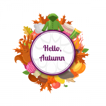 Vector cartoon autumn elements and leaves under circle with place for text illustration isolated on white