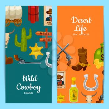 Vecto colored cartoon wild west elements web banner or poster templates illustration