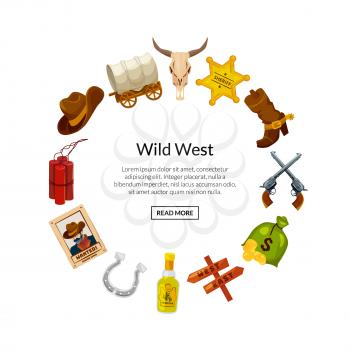 Vector cartoon wild west elements in circle shape with place for text illustration