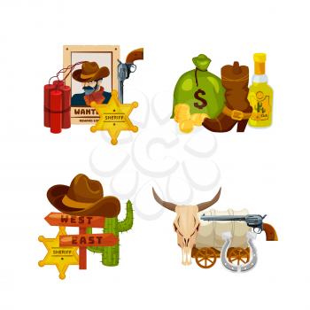 Vector cartoon wild west elements piles set isolated on white background illustration. Badge star sheriff and horseshoe, cactus and tequila