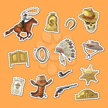 Vector hand drawn wild west cowboy elements stickers set illustration isolated on orange