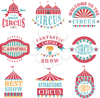 Retro badges or logotypes of carnival and circus. Entertainment and amusement basge. Vect5or illustration