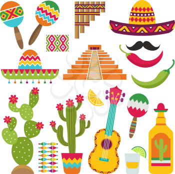 Mexican elements. Set of traditional Mexican symbols for various design projects. Vector cactus and pyramid, pepper and tequila illustration