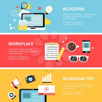 Banners set with symbols of blogging, social media and copyrighting, advertising. Blog poster, internet communication illustration