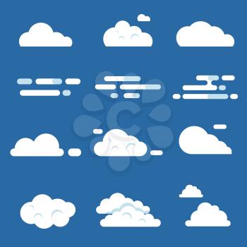 Vector flat illustrations of various clouds. White cloudy weather, heaven cloudscape