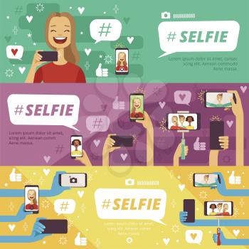 Horizontal banners with people which making selfie photos on his smartphones and photo cameras. Vector self camera photo, smartphone photography illustration
